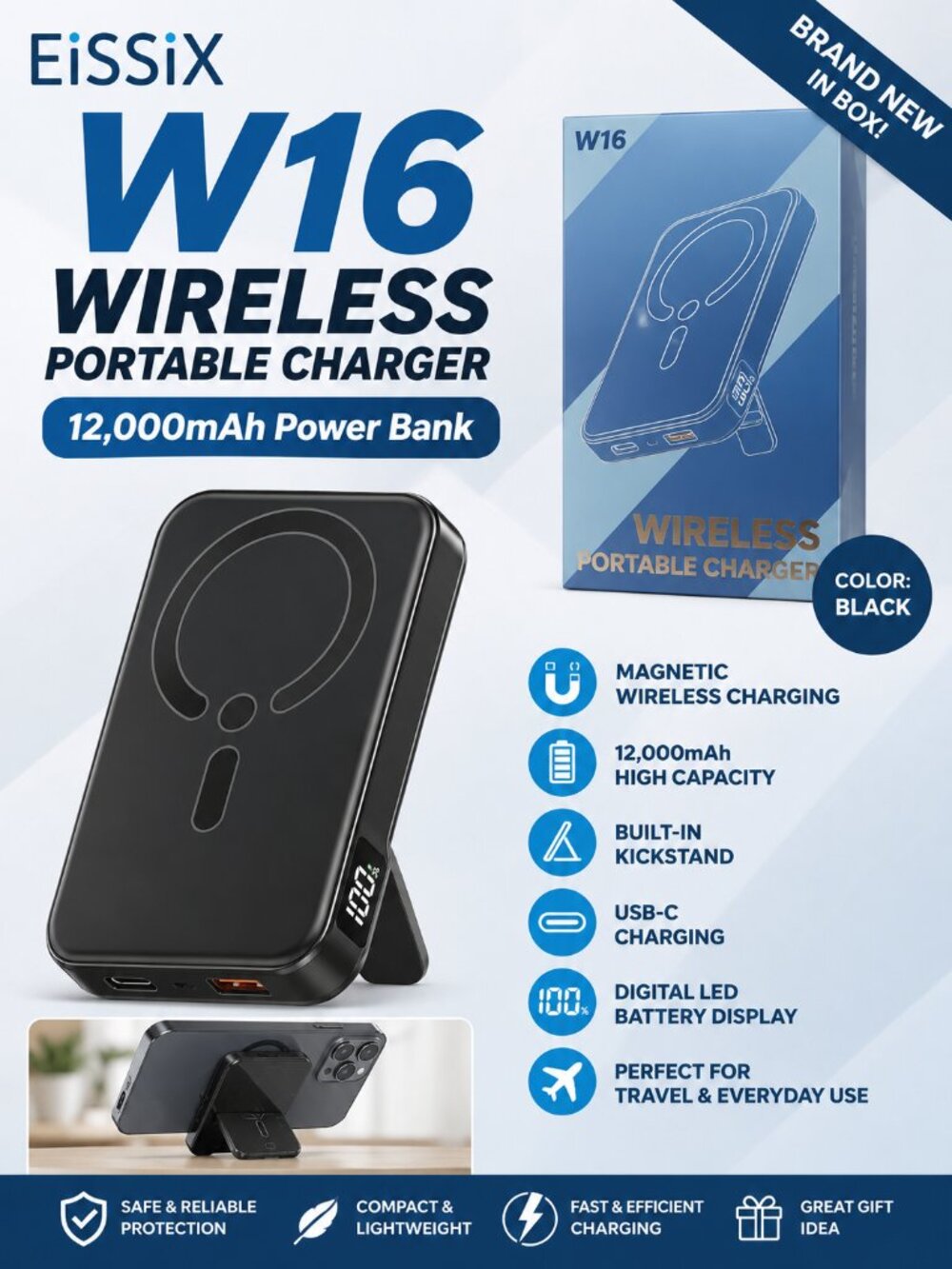 EiSSiX W16 12,000mAh Magnetic Wireless Portable Charger – New in Box
